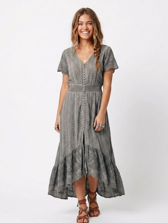 Young Fabulous & Broke Dresses & Skirts - Young Fabulous & Broke Gray Eyelet Lace Maxi Dress - Large